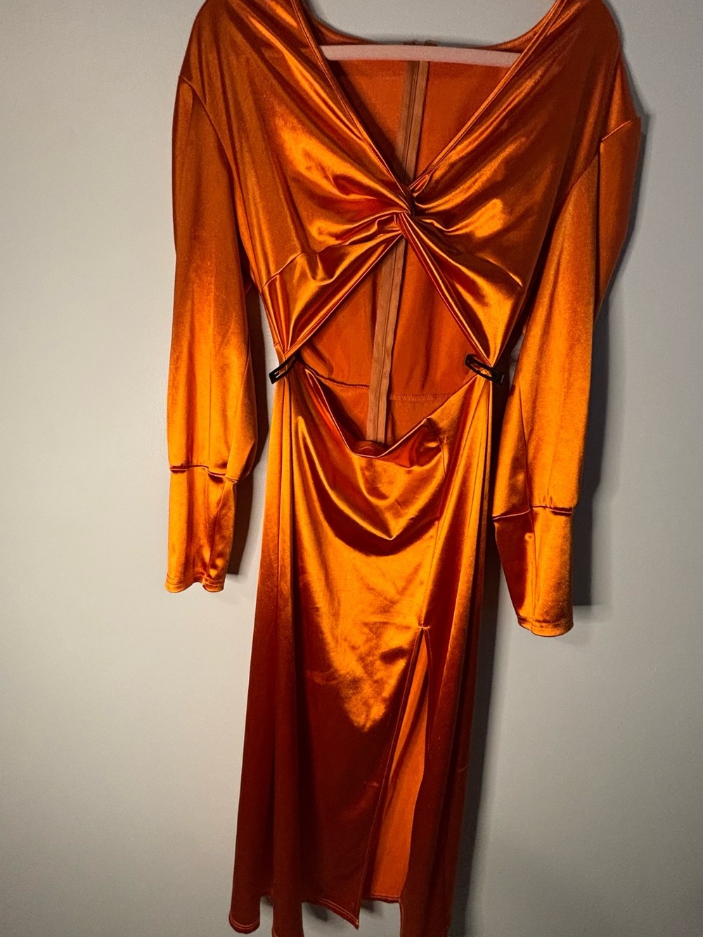 SHEIN Shiny Orange Twist-Front Long Sleeve Satin Dress